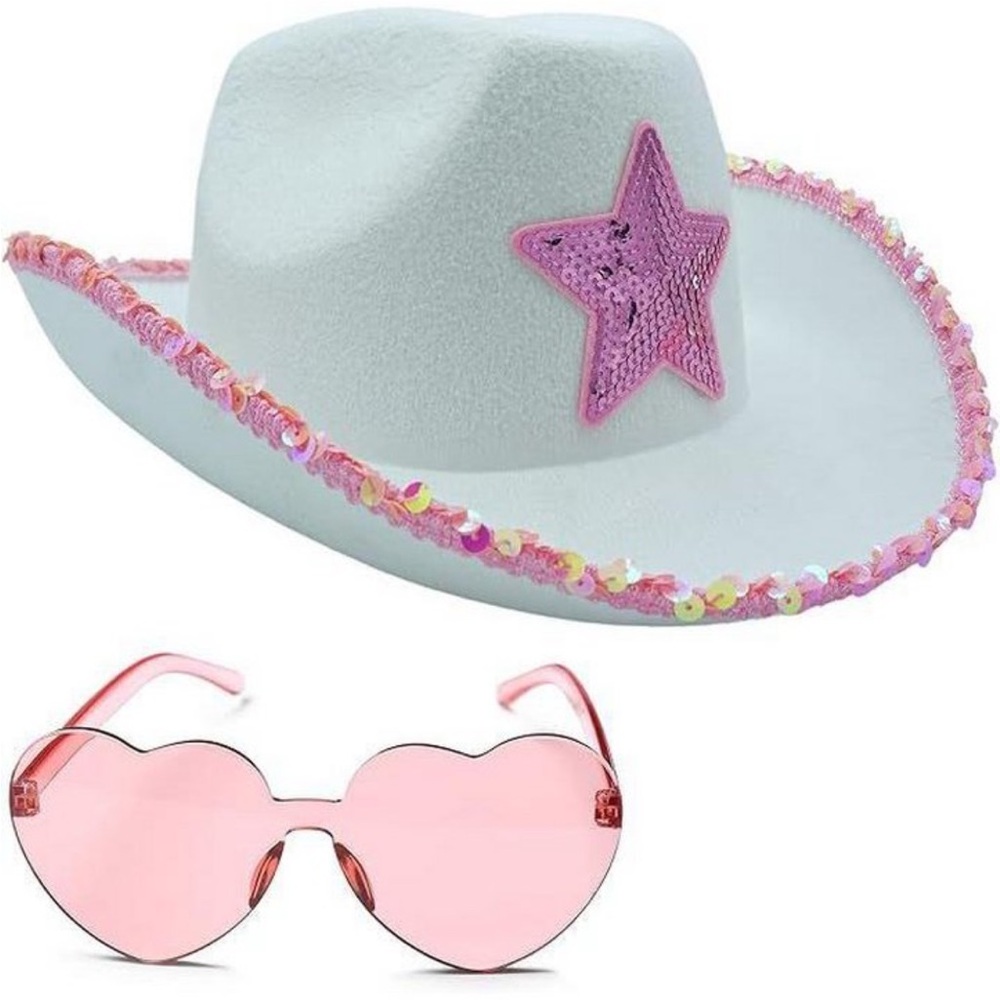 White Cowboy Hat with Pink Star and Heart Sunglasses NWOT